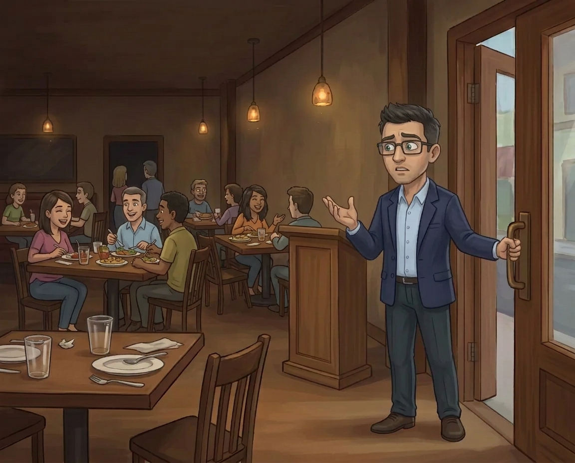 Cartoon illustration of a frustrated client standing in the doorway of an empty restaurant with no host, no menus and dirty tables