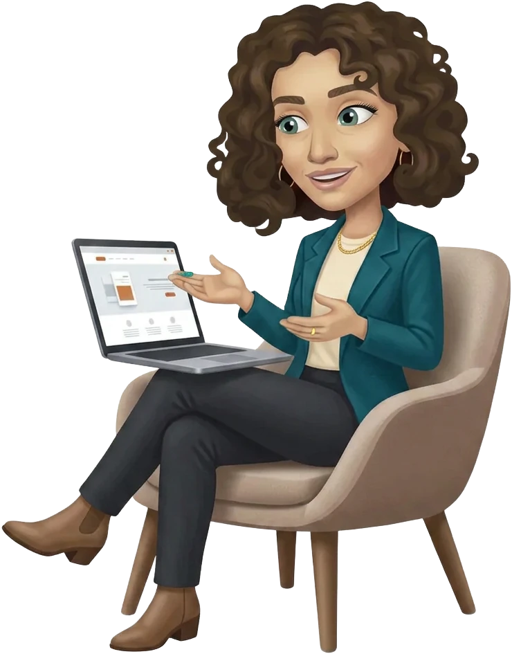Dasha seated with a laptop, presenting a design