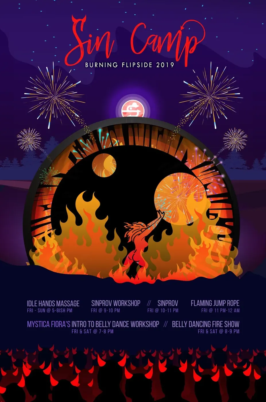 Sin Camp 2019 Event Poster, Fire-themed poster and programming layout for Burning Flipside 2019.